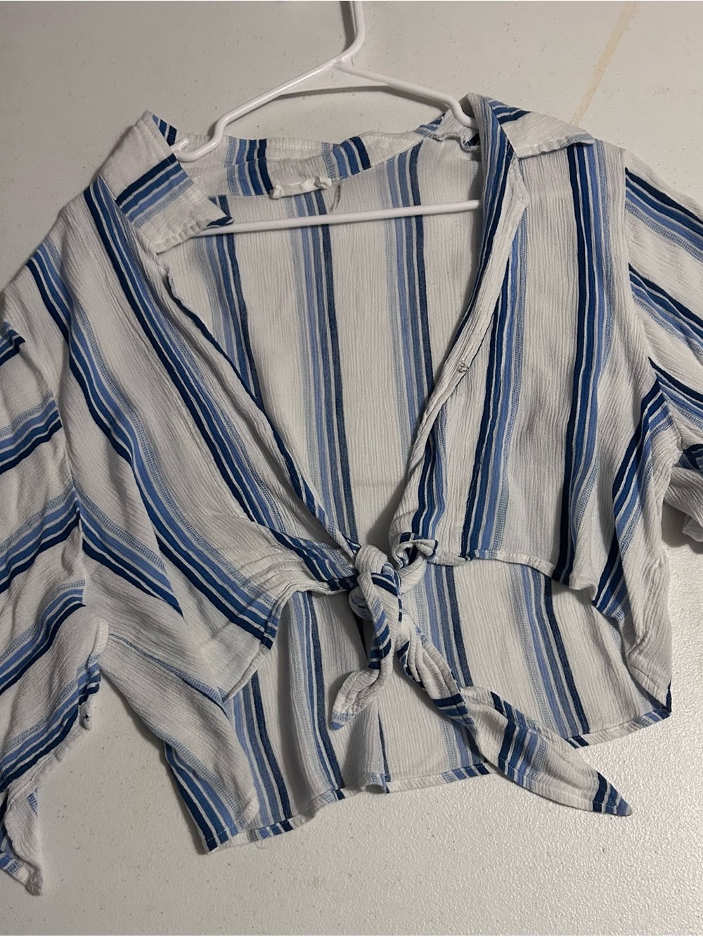 Storia Blue & White Striped Tie-Front Crop Top
